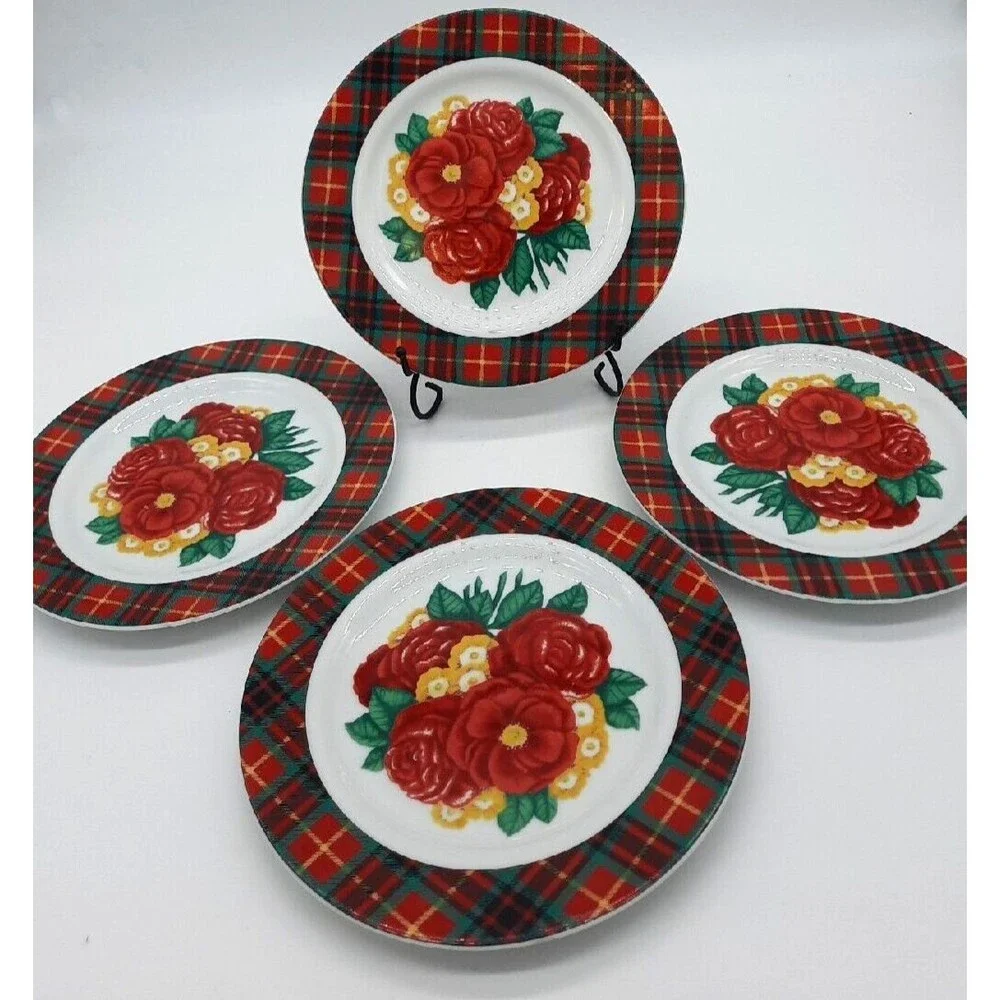 Vintage Holly Holderman Set Of 4 Red & Green Tartan Plaid Floral 8